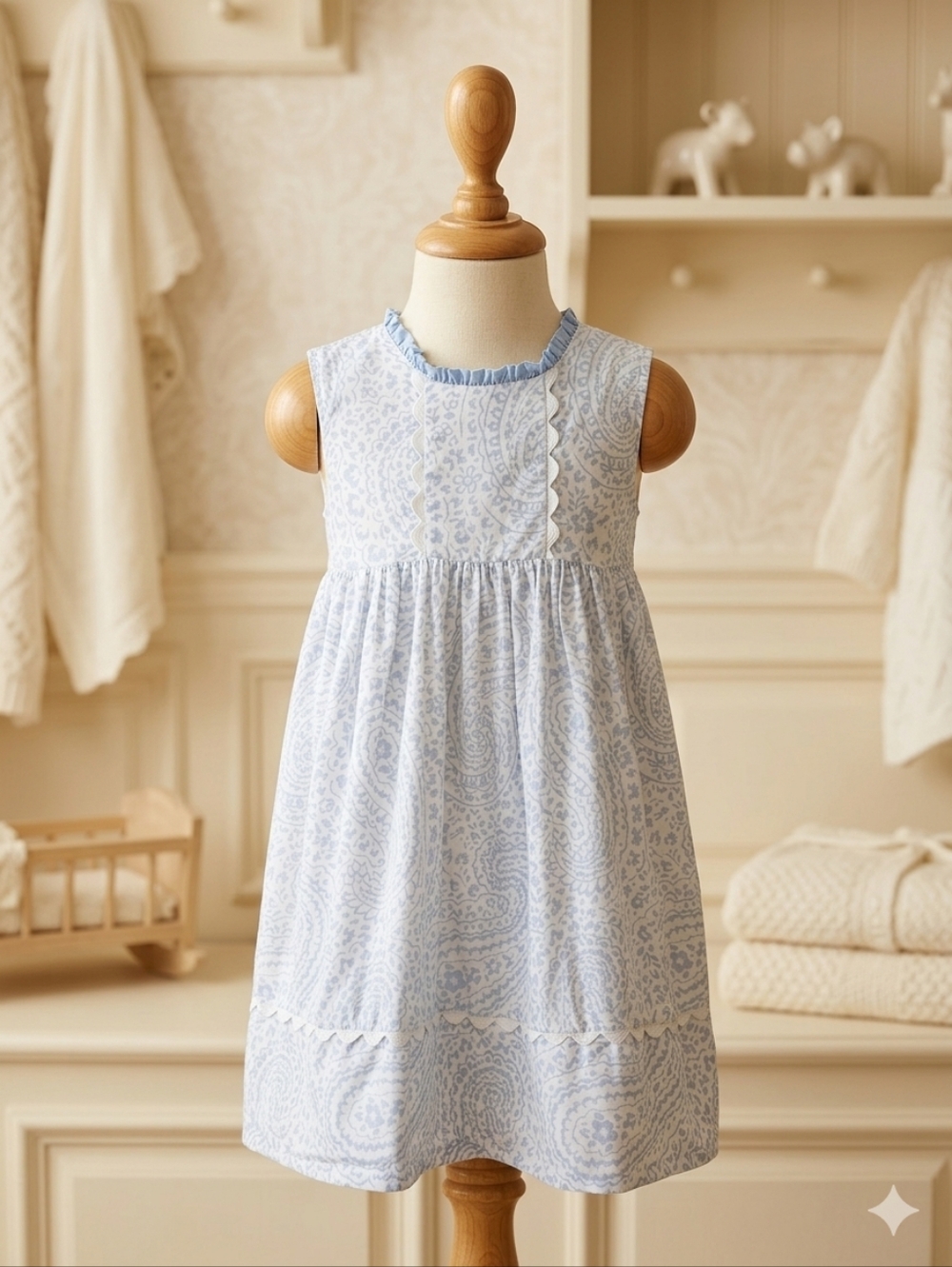 Sophie & Lucas Blue & White Floral Dress Ric Rac Trim Tie Back 2T